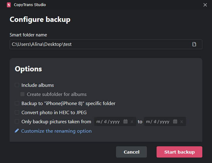 Backup settings in CopyTrans Studio