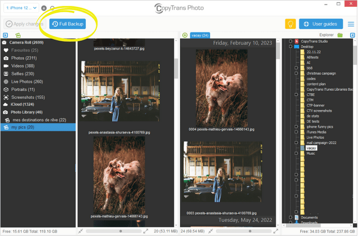 Do a full backup of iPhone photos with CopyTrans Photo