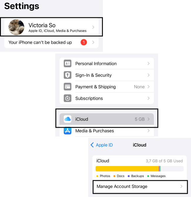 Where to find Manage iCloud Storage on iOS 17?