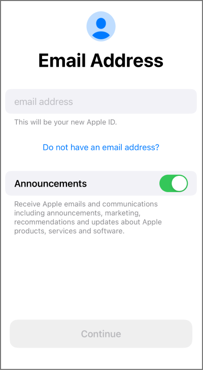Enter Email to create Apple ID