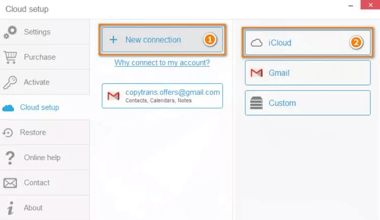 New connection in iCloud setup