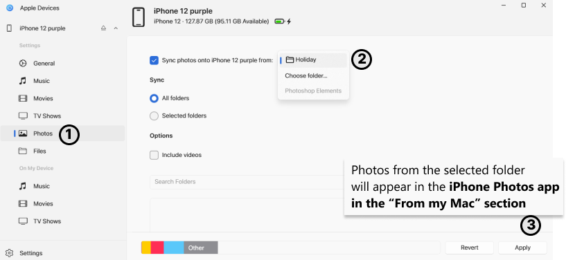 sync photos from PC with iPhone via Apple Devices