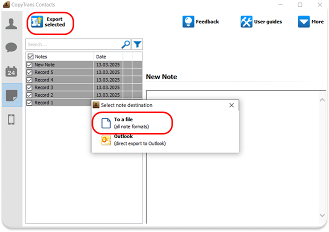 Export notes in CopyTrans Contacts
