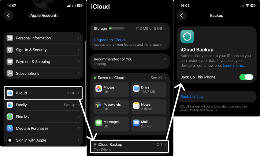 Back up iPhone to iCloud on iOS 26.2