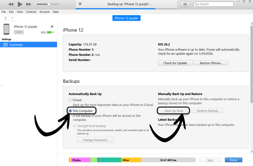 Back up iPhone on a Windows 11 PC with iTunes